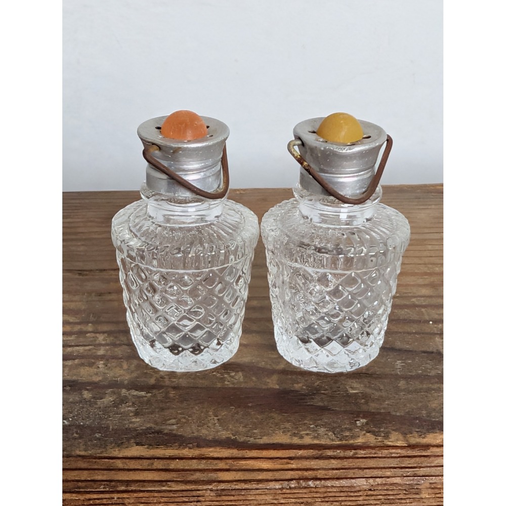 Vintage Glass Salt & Pepper Shakers Set Metal Lids Orange Yellow Tops
